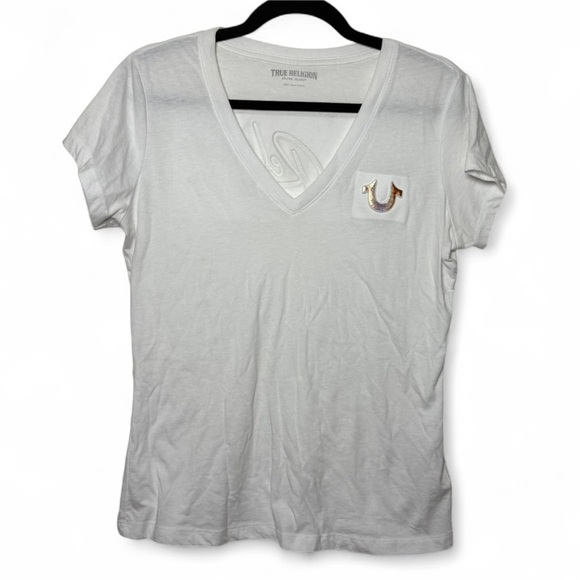 True Religion White V-Neck Logo Tee | Iridescent Graphic | Size Large - Picture 1 of 7